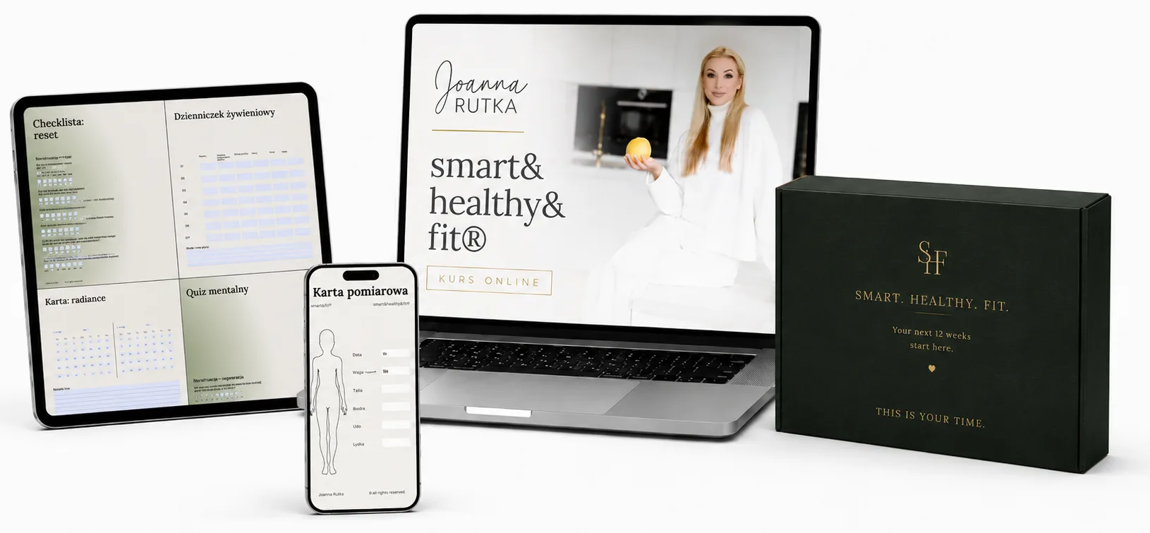 Kurs online smart&healthy&fit - materiały na laptopie, tablecie i telefonie oraz pudełko powitalne